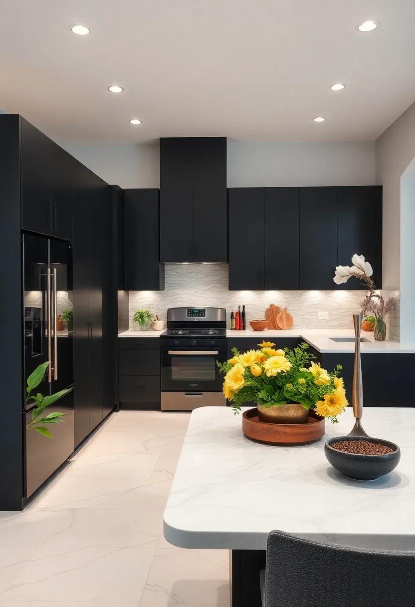 Dramatic Contrast in the Kitchen: ⁢Observe how dark cabinetry and white countertops create an eye-catching kitchen perfect for culinary adventures