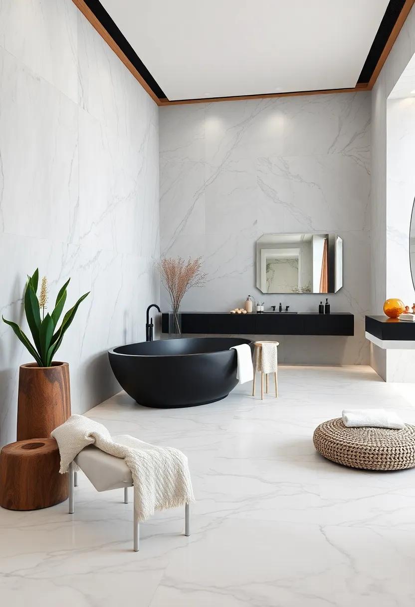 Serene ​Spa-Like ‌Bathrooms:⁤ Indulge in the tranquility ‌of a stylish bathroom featuring large marble tiles and a statement black tub