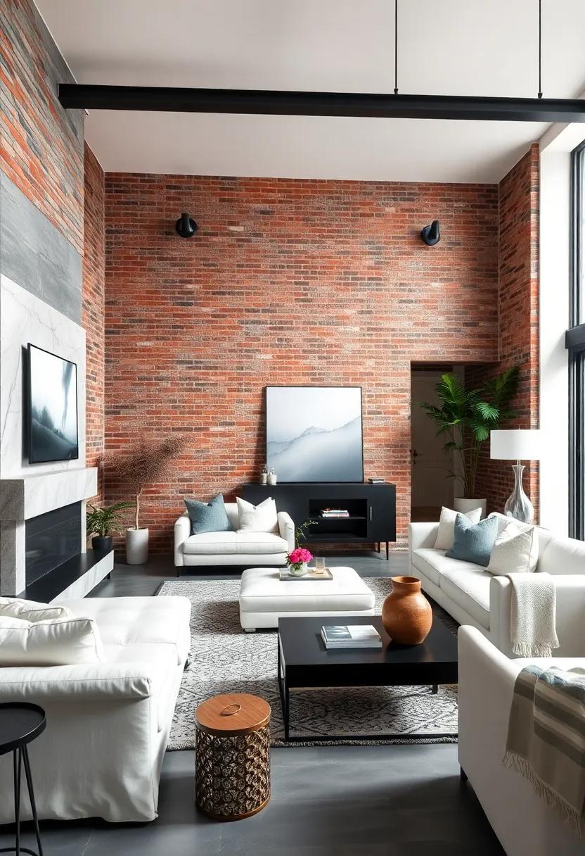 Industrial Chic Vibes: Embrace the raw beauty of this loft space ‌with exposed brick and stark white furnishings seamlessly blending⁢ elegance and grit