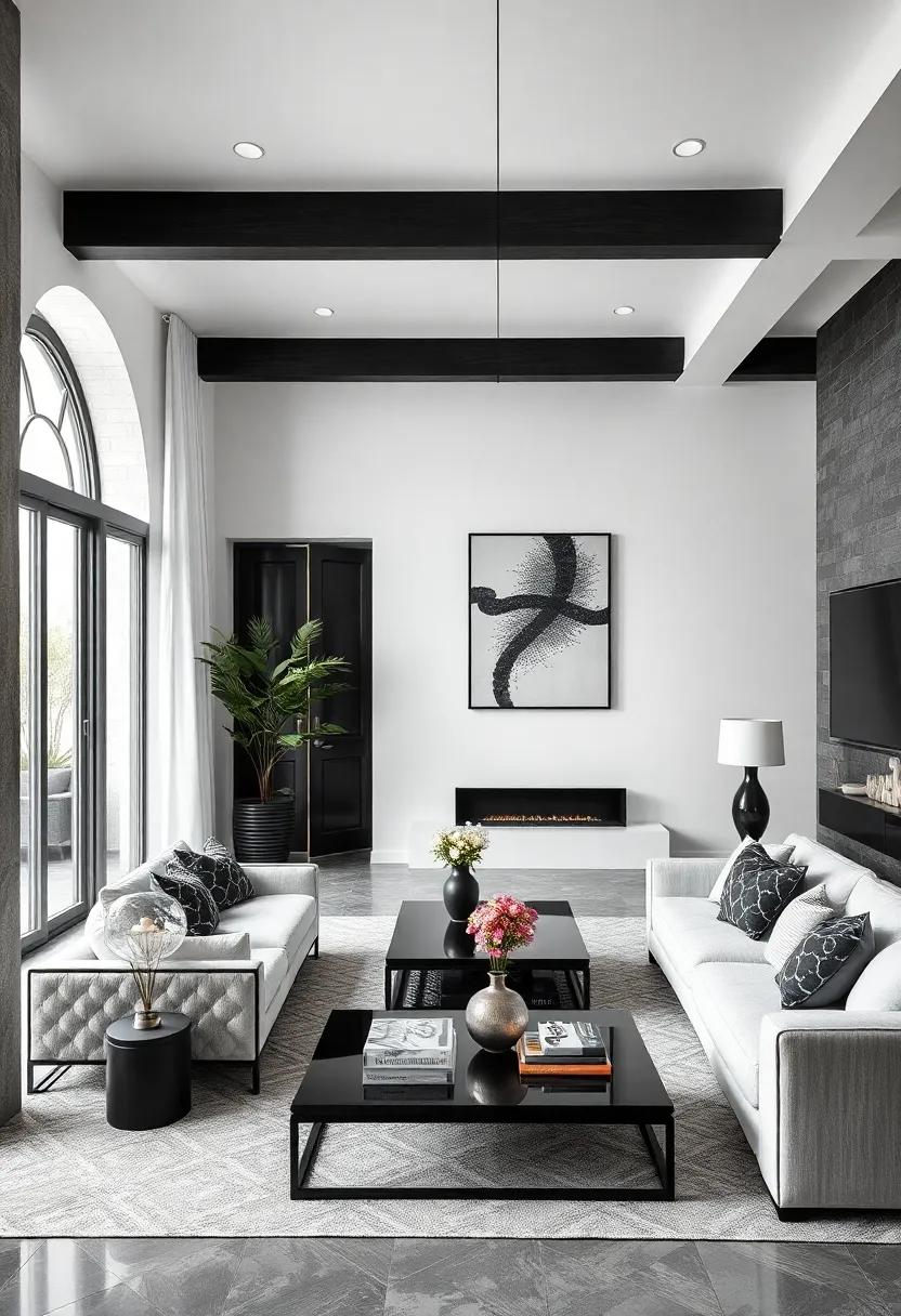 Timeless Black and White Elegance: Uncover the charm of classic furniture pieces​ juxtaposed with modern art in an inviting living room