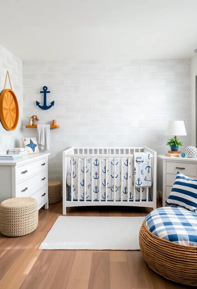 Anchors aweigh Bedding: Choose bedding adorned with anchor patterns, waves, and striped designs to set a cozy maritime tone in the crib