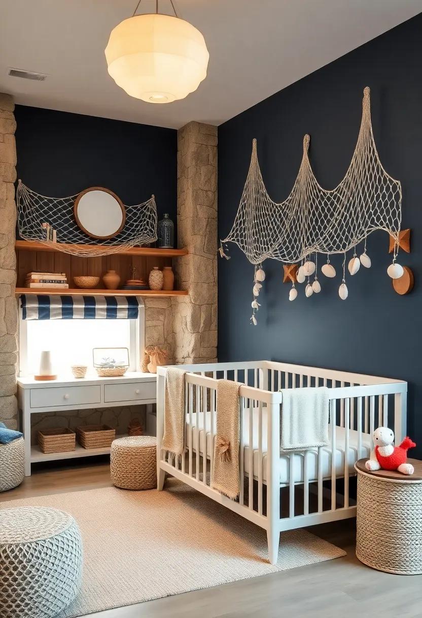 Fishnet Accents: Layer fishnets over shelves or around the crib to evoke the feeling of being at the seaside, complete with hanging shells for added texture