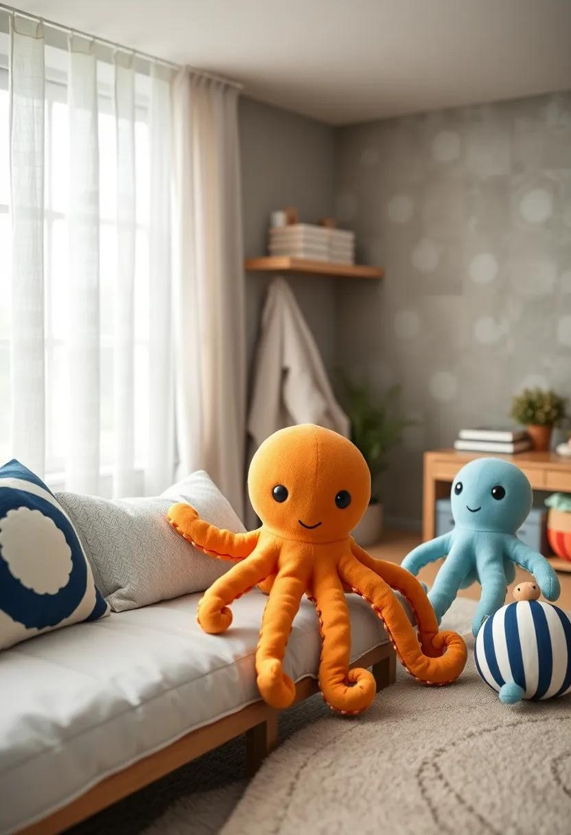 Friendly Octopus Plushies: Fill the nursery with soft,cuddly octopus stuffed animals to provide comfort and companionship to your little one