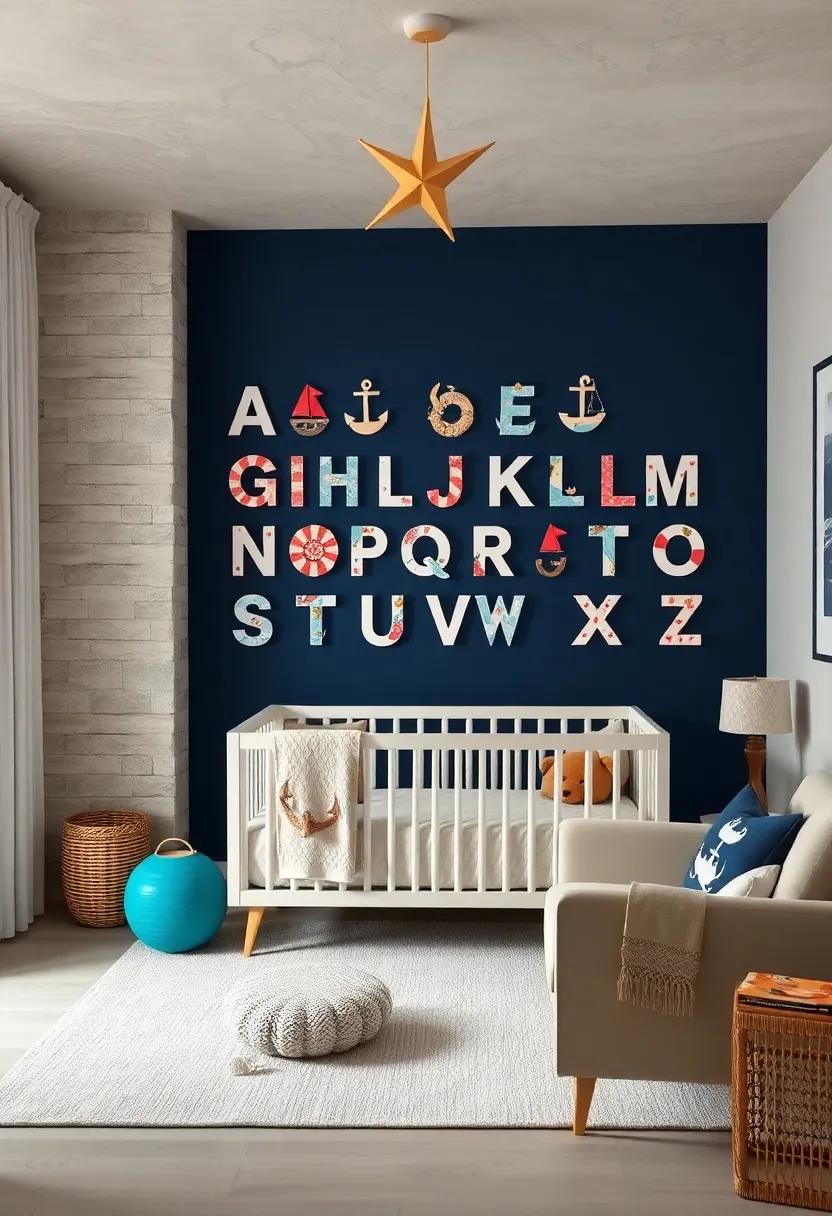 Nautical Alphabet Wall: Design a custom wall display featuring nautical imagery corresponding to each letter of the alphabet, sparking early learning
