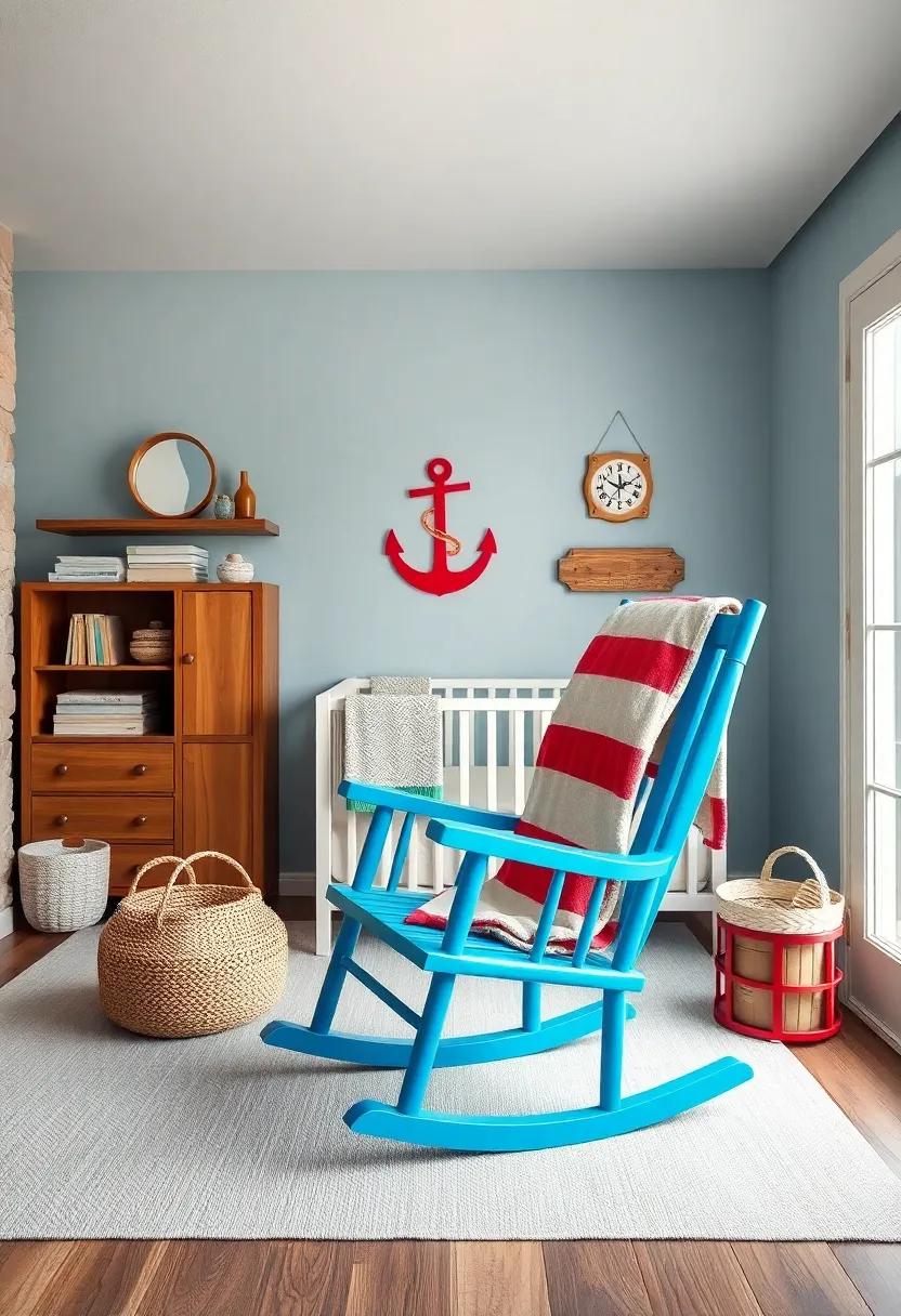 Nautical-Themed Rocking Chair: Opt for a classic rocking chair painted in ocean blue or bright red, perfect for late-night cuddles and storytelling