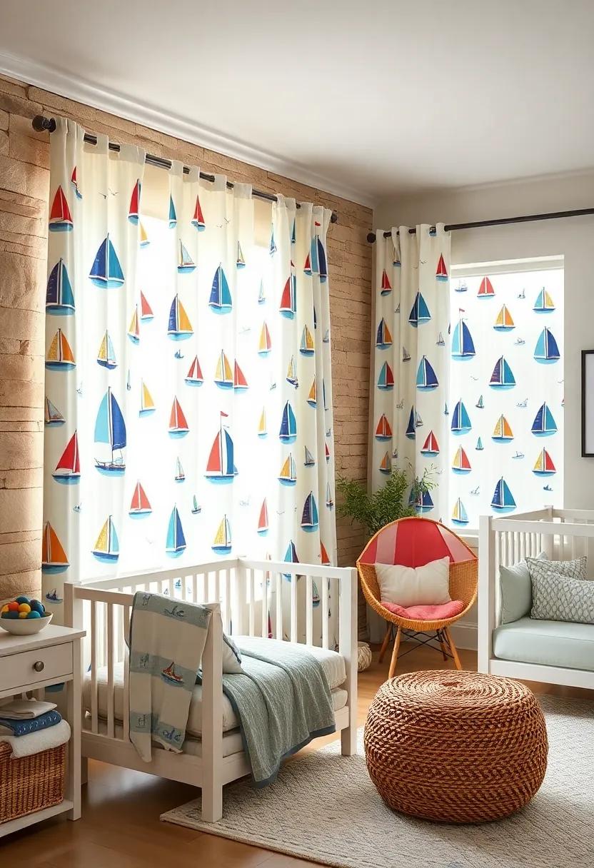 Sailboat Curtains: Dress the windows with curtains patterned like colorful sailboats to let in light while enhancing the sea-inspired aesthetic