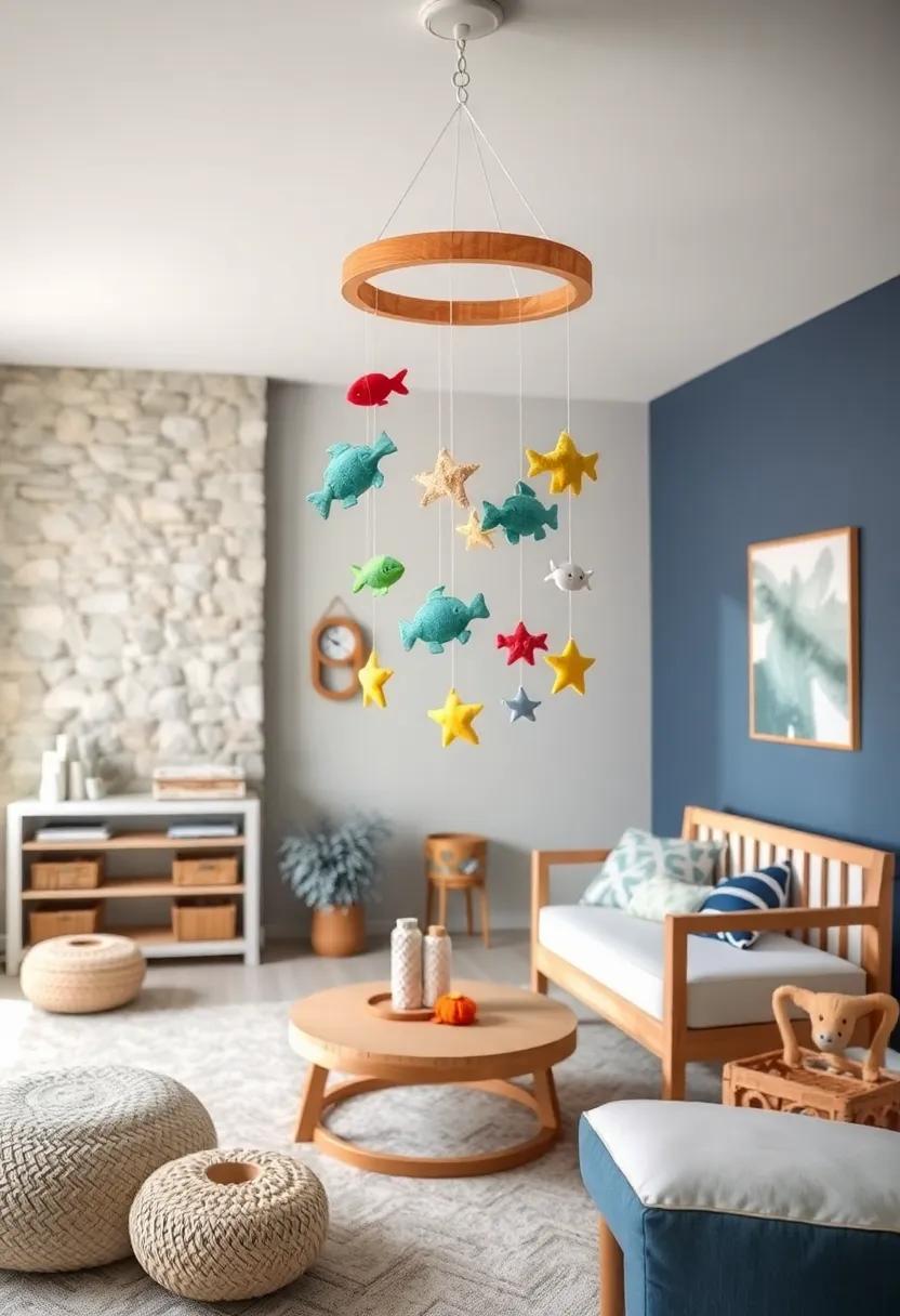 Sea Creature Mobile: Craft a whimsical mobile featuring felt sea turtles, fish, and starfish that gently sway and entertain your baby during those dreamy days