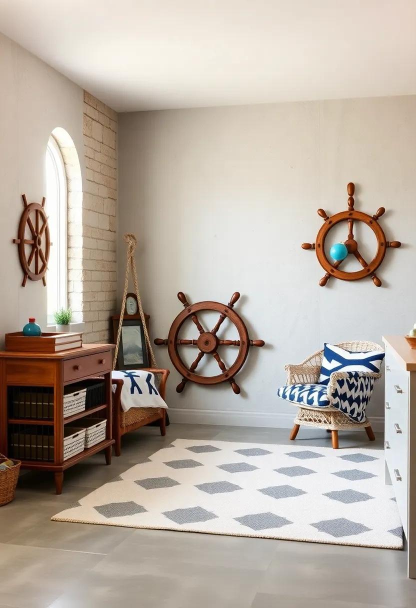 Ship Wheel Play Area: Designate a corner with a ship wheel and soft rug that serves as both a play area and a nod to nautical adventures
