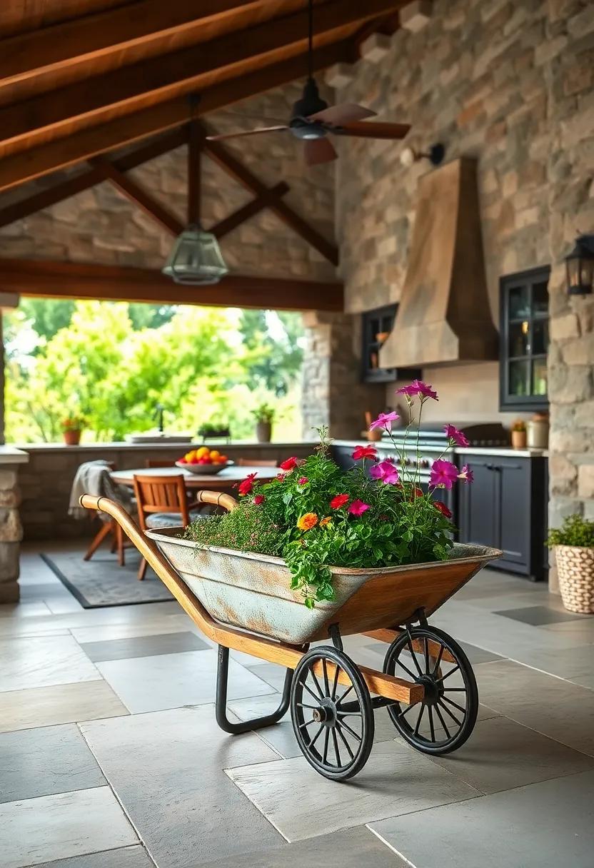 Antique Wheelbarrow Planter: Use a vintage wheelbarrow filled with flowers or herbs for an eye-catching statement piece⁢ that fits the rustic theme