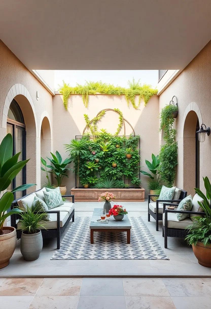 Biophilic Design with Vertical Gardens: Introduce a vertical garden to your patio, bringing a lush green element that purifies air and enhances visual interest