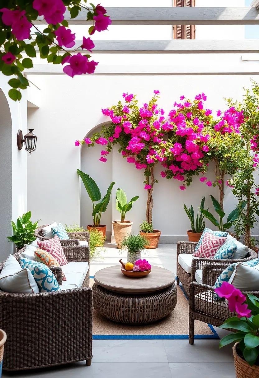 Colorful Bougainvillea: Let bougainvillea vines climb trellises or walls, adding vibrant splashes of color that are quintessentially Mediterranean