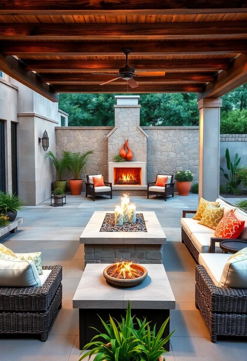 Cozy Fire Pits for Evenings under the Stars: Consider adding a fire pit as a centerpiece for warmth and gathering, surrounded by comfortable seating