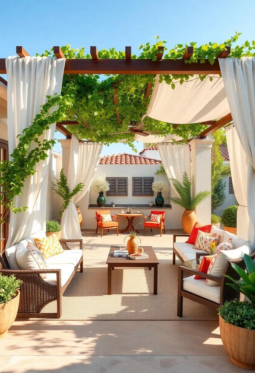 Elegant Pergolas for Shade: Install a beautifully designed pergola, draped with climbing vines or sheer curtains, to create a serene and shaded retreat