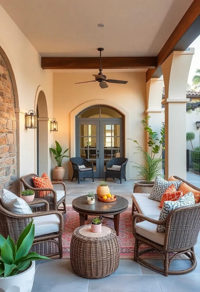 Layered Textures with Woven Furniture: Incorporate natural wicker or rattan furniture that adds both comfort and style to your patio space