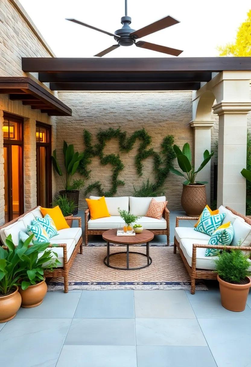 Stylish Outdoor Fabrics: Opt for bold and bright outdoor cushions and rugs that infuse your patio with Mediterranean flair while providing comfort