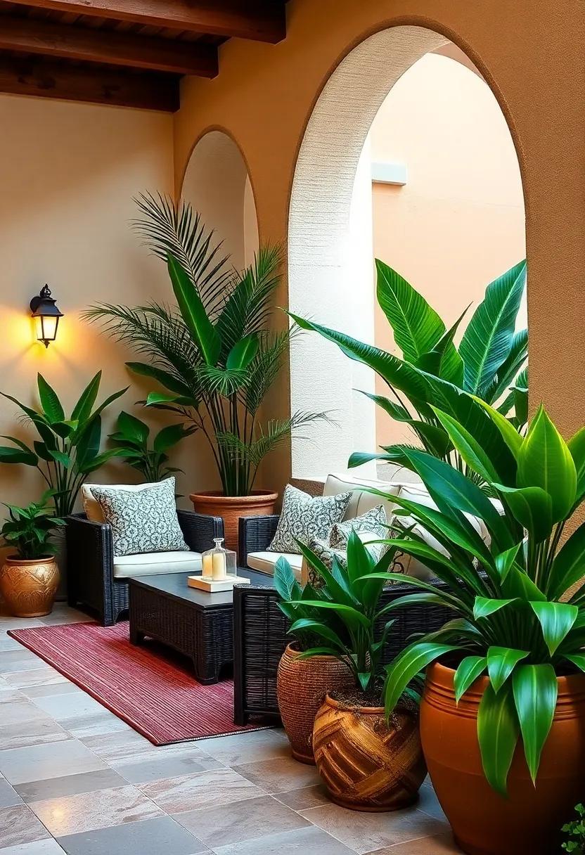 Tropical Potted Plants: Incorporate palms and tropical plants in decorative pots to enhance the lush feel of your Mediterranean patio