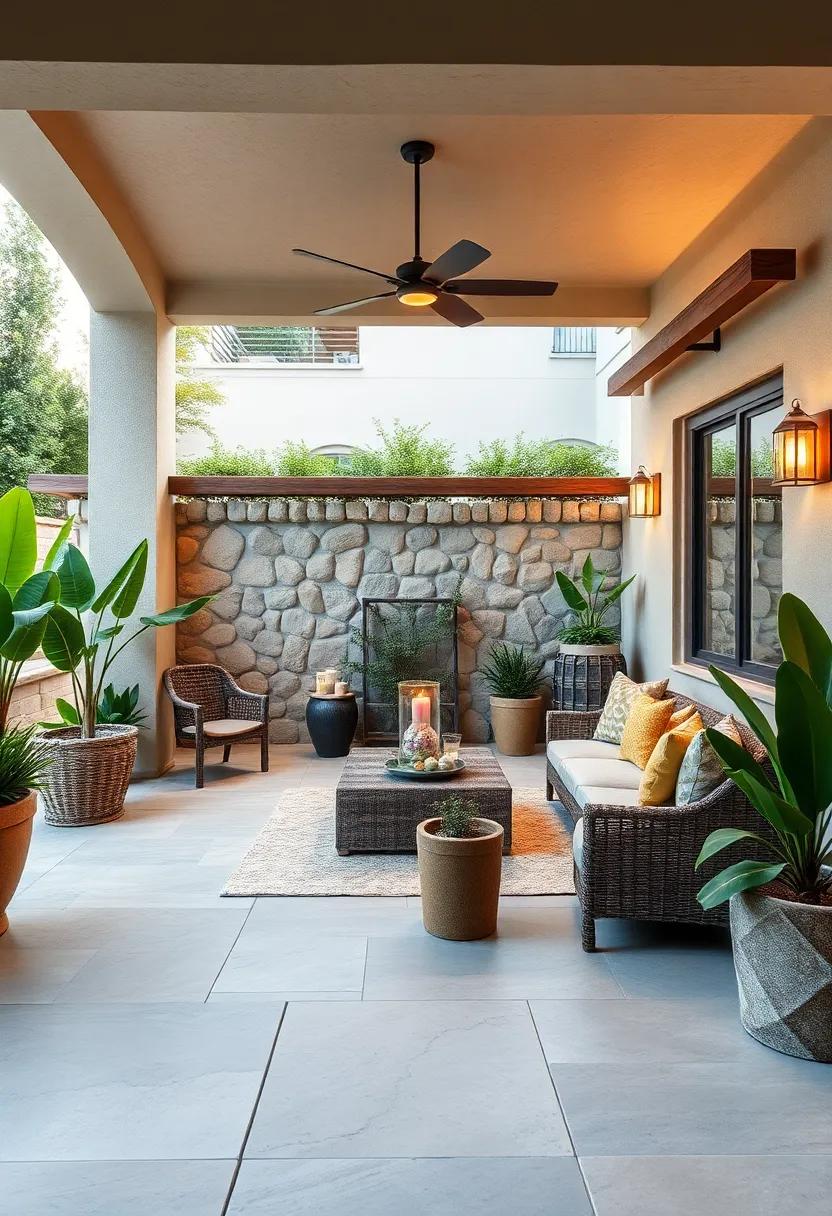 Use Natural Stone Elements: Integrate stone walls or pathways to establish a rustic yet sophisticated atmosphere, connecting your patio to nature