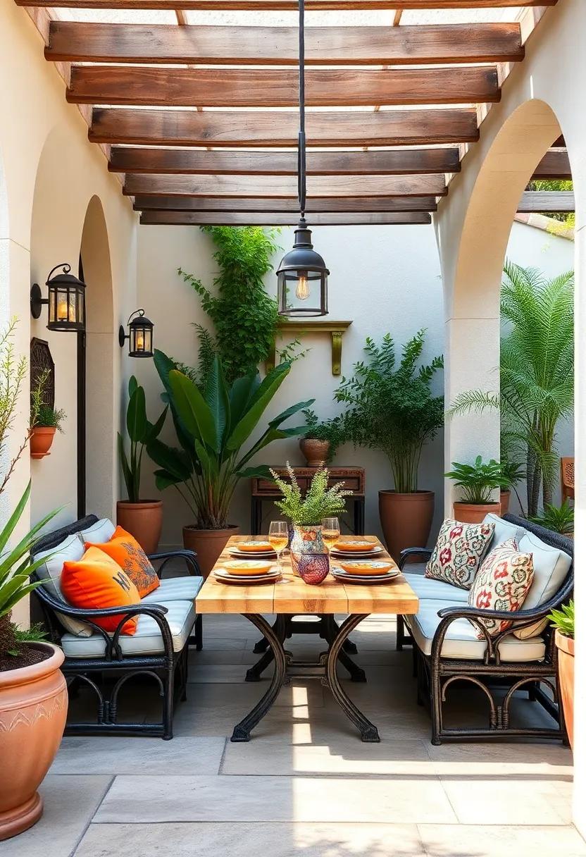 Vintage Tableware for Dining: Use colorful, mismatched ceramic plates and glasses that celebrate the Mediterranean culture during outdoor meals