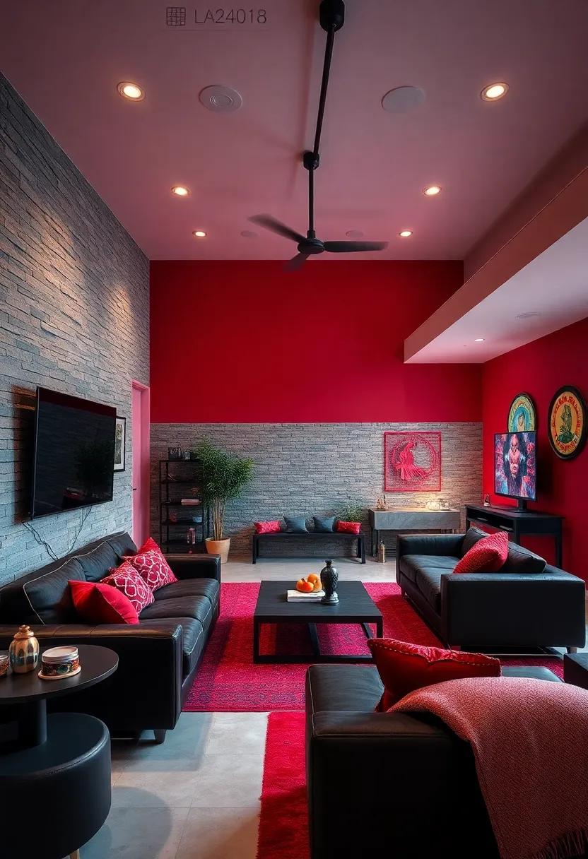 Game Room Garage: Deep red and charcoal ⁤create a sporty vibe, great for gaming and‌ hanging out with friends