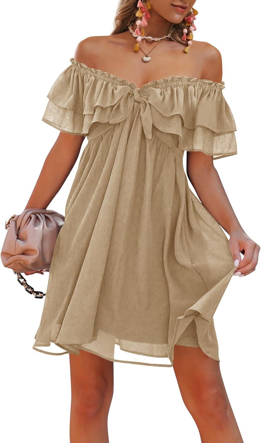 Our Thoughts on the Khaki Off-Shoulder Ruffle Chiffon Dress