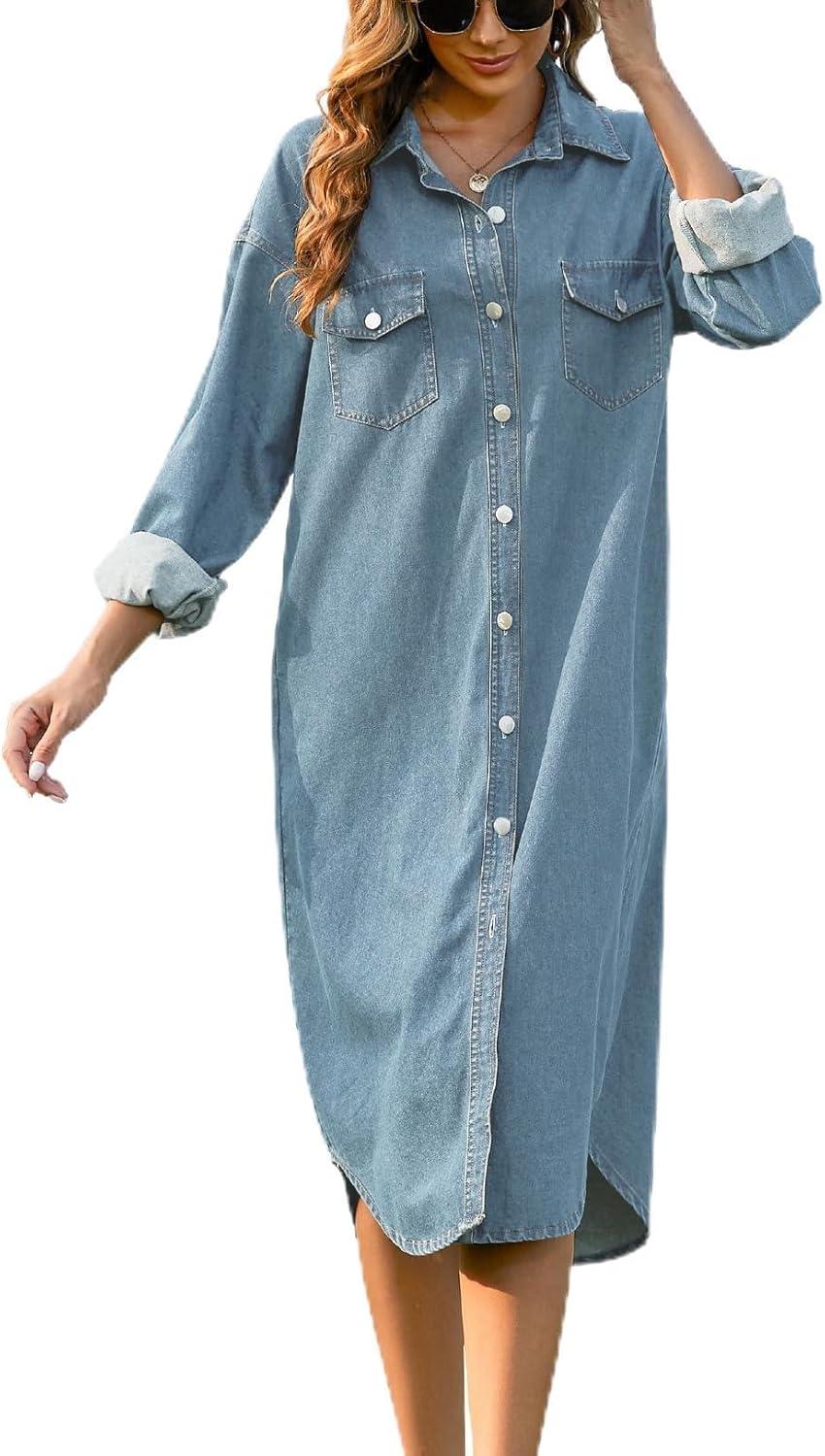 Our Take on ‌the Women's Lightblue ‌Denim Midi Shirt dress‍ with Pockets
