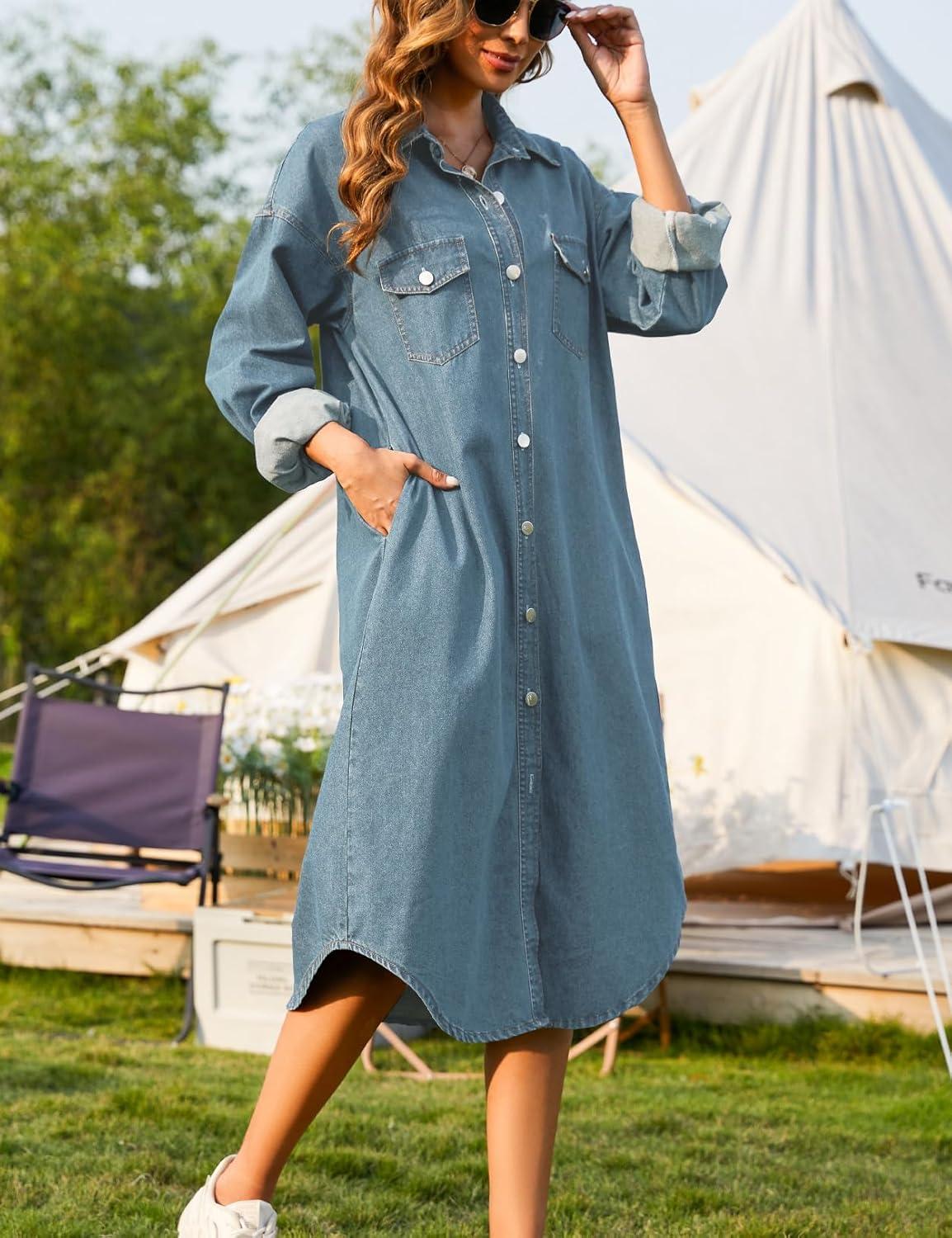 Our take on the Women's Lightblue ‌Denim Midi Shirt Dress with Pockets