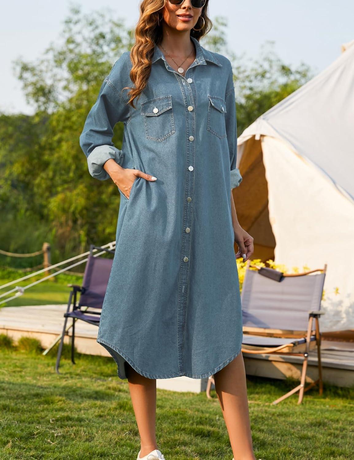 Our Take on the Women's Lightblue ‍Denim Midi​ Shirt Dress with Pockets