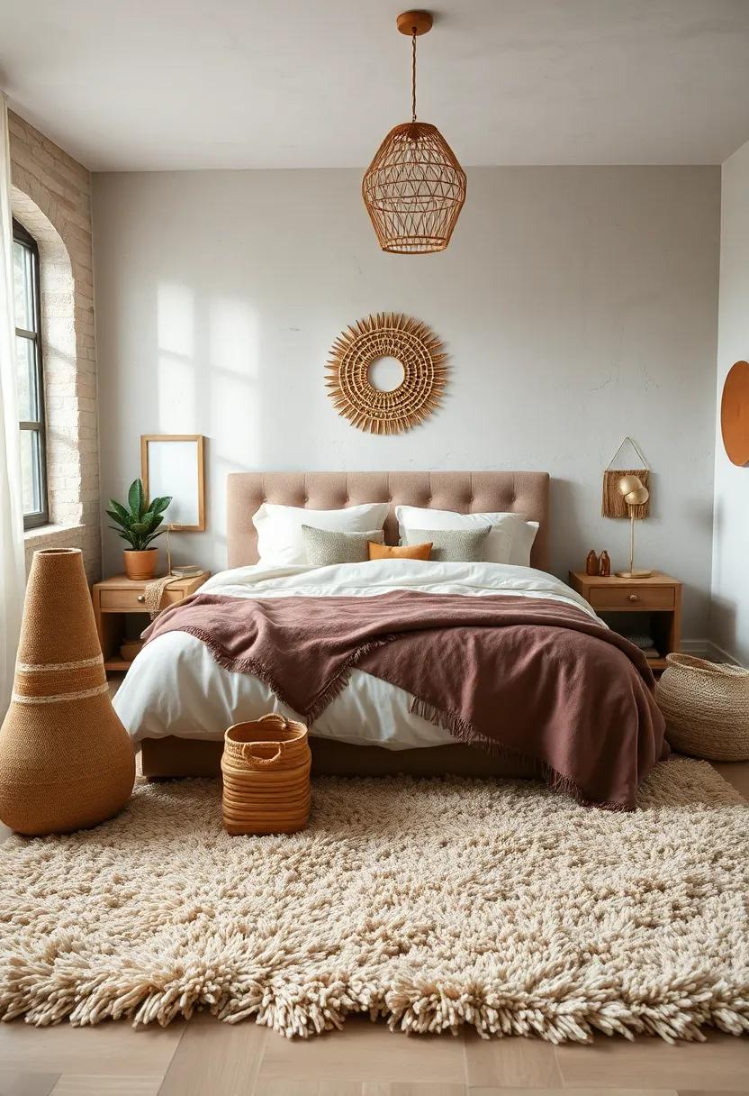 Embrace Earthy Tones: Incorporate warm beige, deep browns, and muted greens to create a serene atmosphere in your boho bedroom