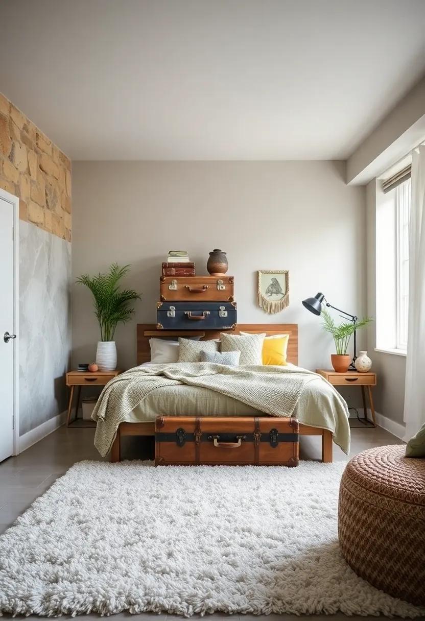 Create a Vintage Suitcase Display: Stack vintage suitcases for a charming bedside table or decoration that draws on the wanderlust spirit