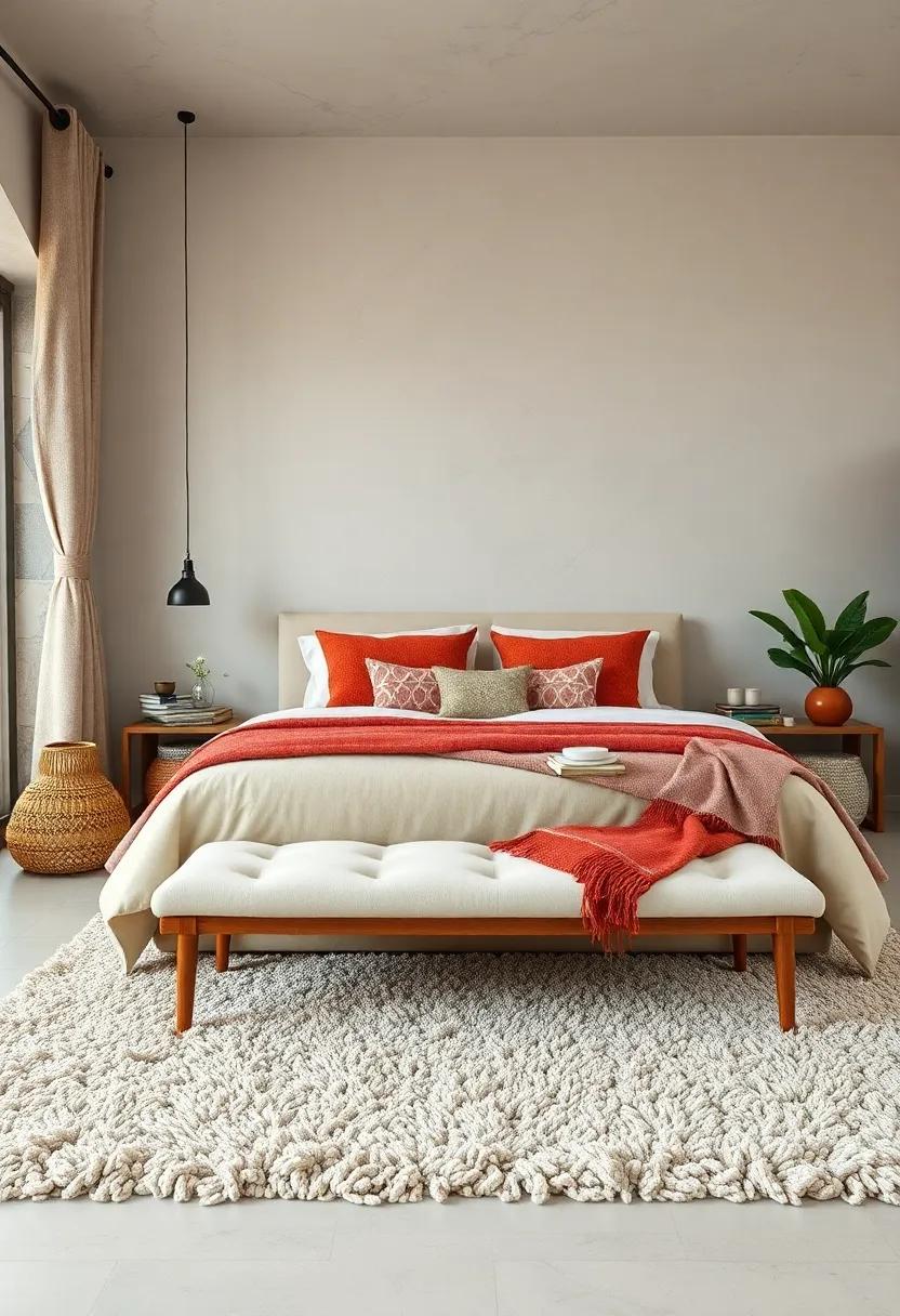 Create a Cozy Bench with Storage: Use a cushioned bench at the foot of your bed for extra seating and hidden storage for blankets or books