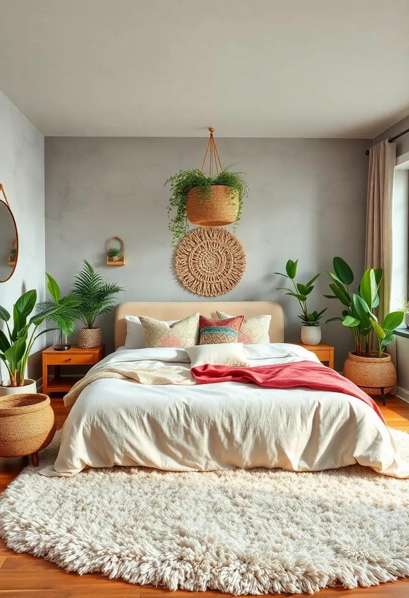 Decorate with plants: Add life to your boho bedroom with a variety of plants, from hanging succulents to tall ferns