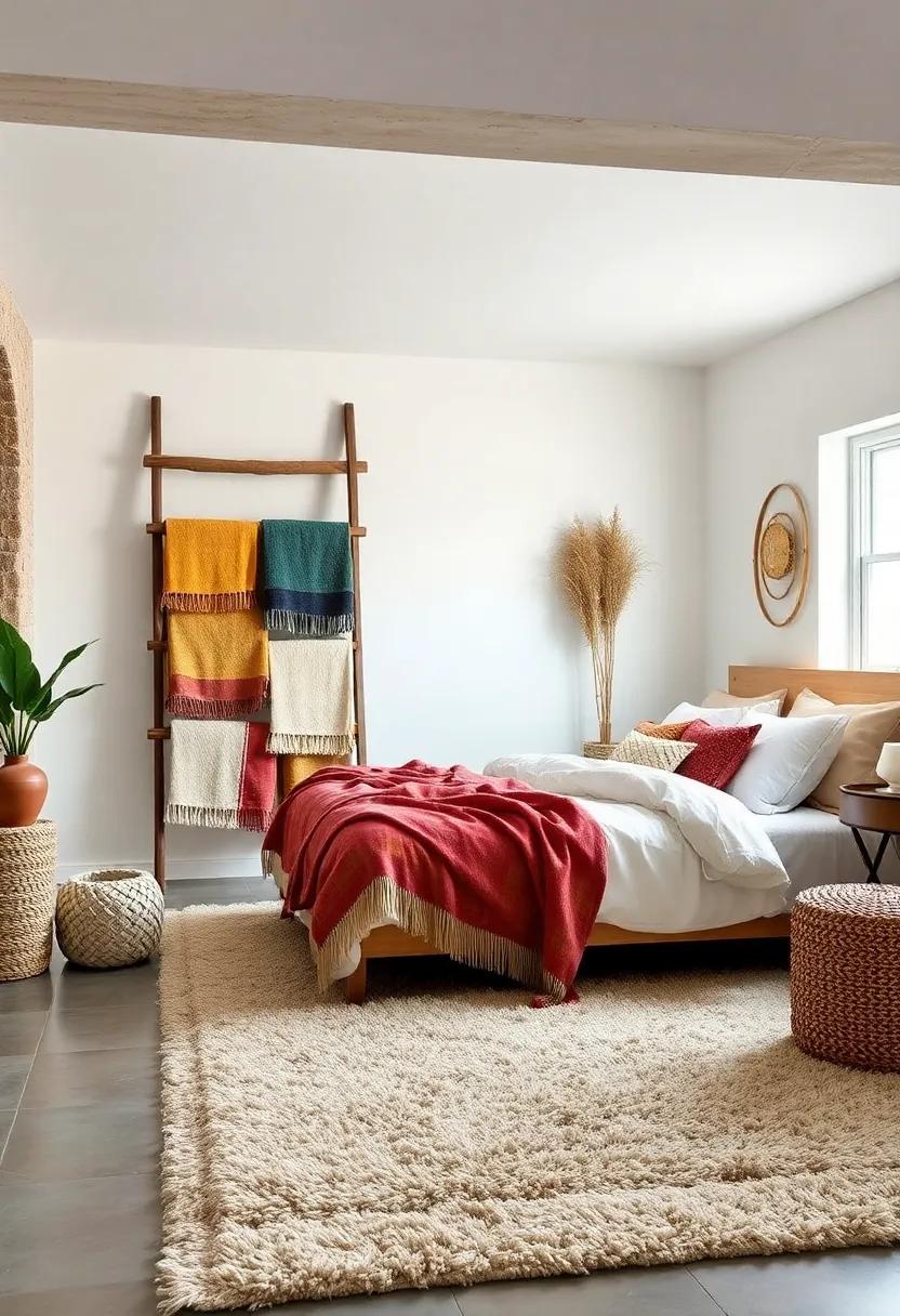 Arrange a Cozy Blanket Ladder: Display an array of colorful blankets on a ladder to add functionality and showcase your eclectic textile collection