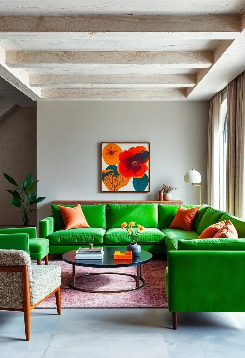 Embrace a Mid-Century Modern Vibe with a Green Velvet Sofa