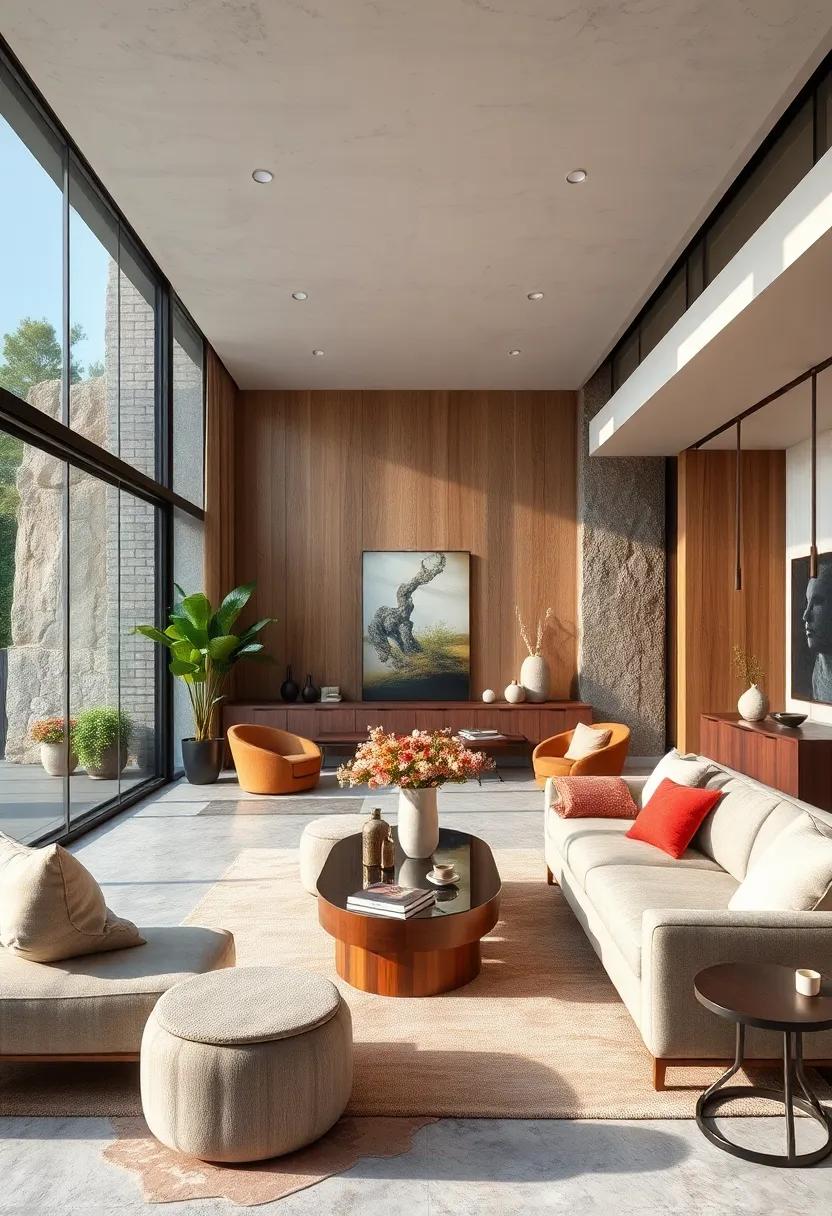 Luxurious Textures: A mix of plush fabrics,sleek metals,and warm woods that create a tactile and visual contrast against glass walls