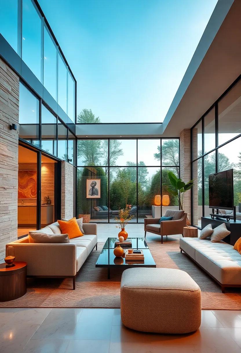 Color Palette Harmony: A carefully curated blend of neutral tones infused with vibrant accents that bring life to modern glass spaces