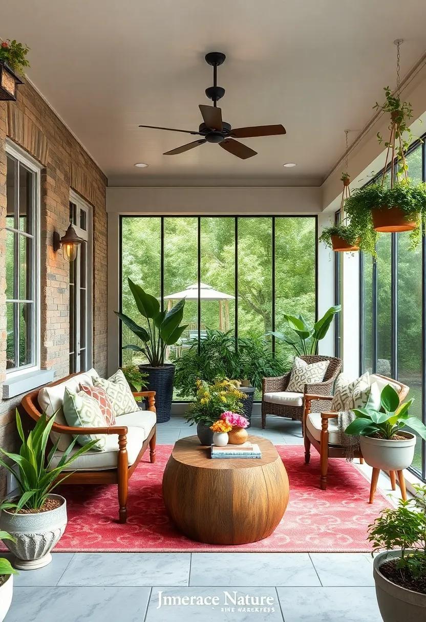 Embrace Nature: Incorporate potted plants and hanging planters to bring greenery and life to your screened porch