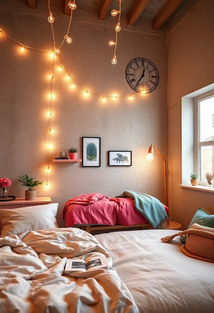 String Lights: Create a warm and inviting ambiance with twinkling string lights that can be draped over beds, shelves, or walls