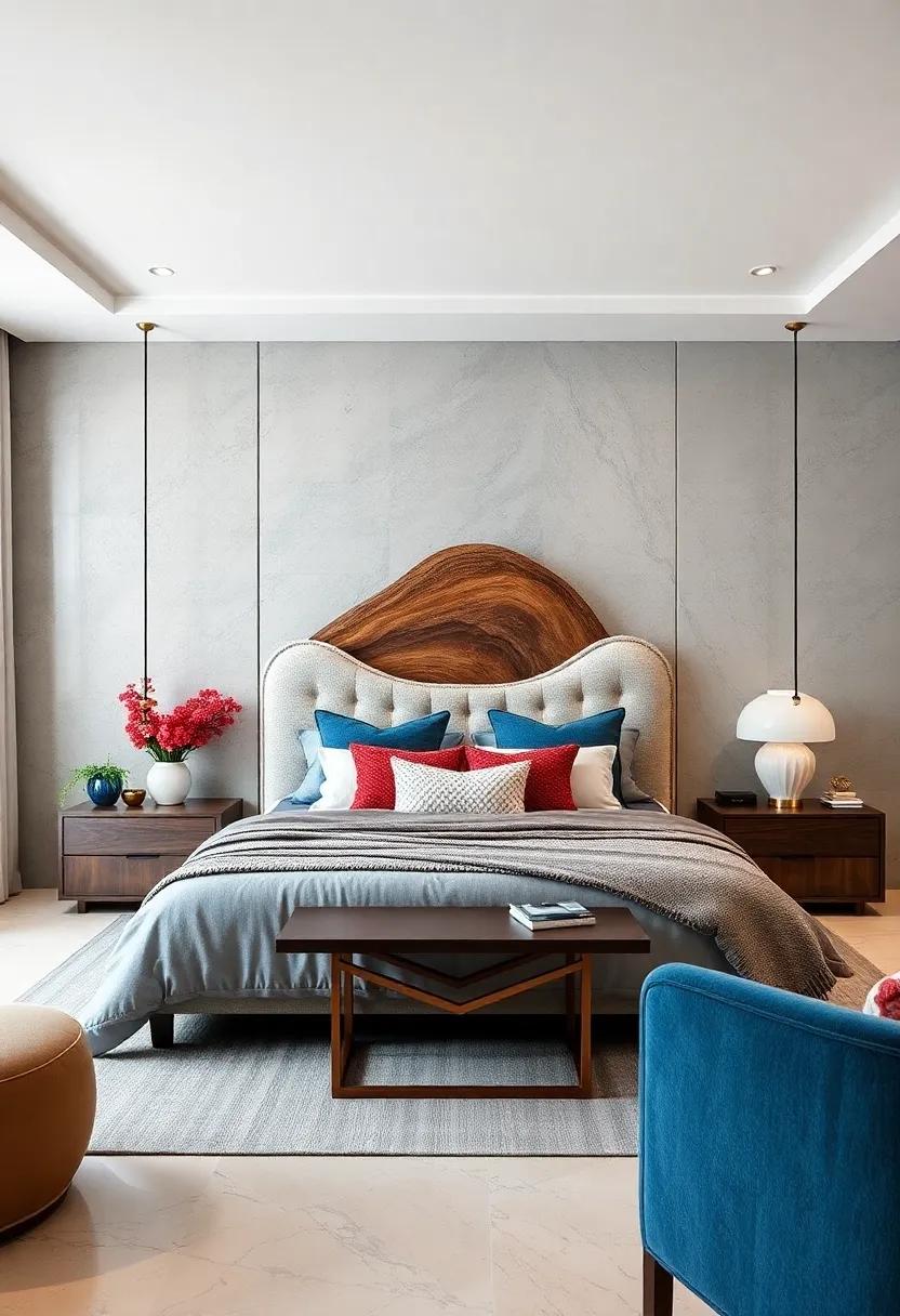 Artistic Headboards: Choose a unique headboard design, whether upholstered, sculptural, or natural wood, to anchor the bed
