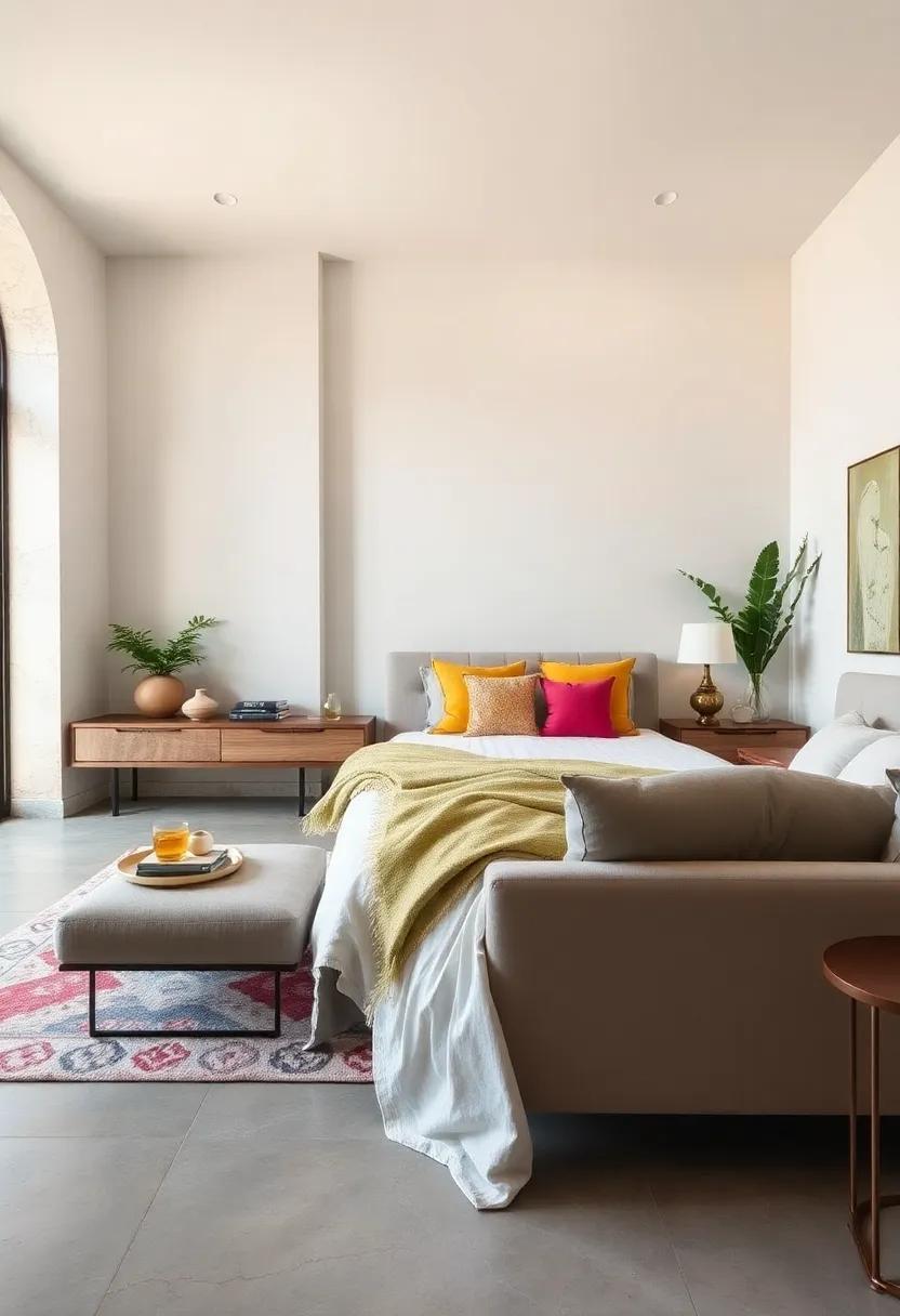 Strategic Color Pops: Use bright accent colors in accessories like pillows or throws to add energy without overpowering the space