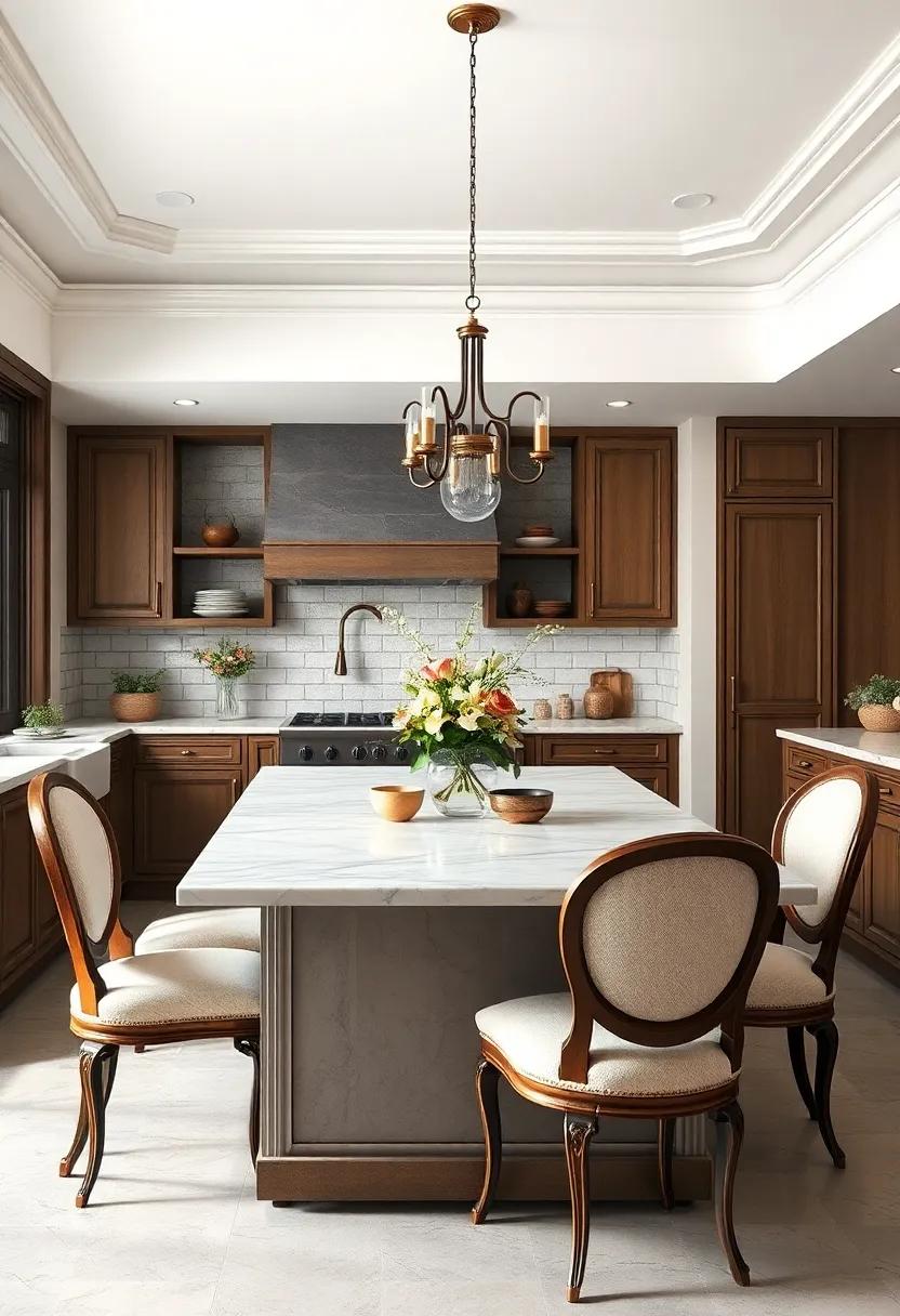 Classic Elegance:‌ A marble ​countertop coupled with antique-style chairs transforms your kitchen​ island into a sophisticated dining space fit for hosting elegant​ gatherings