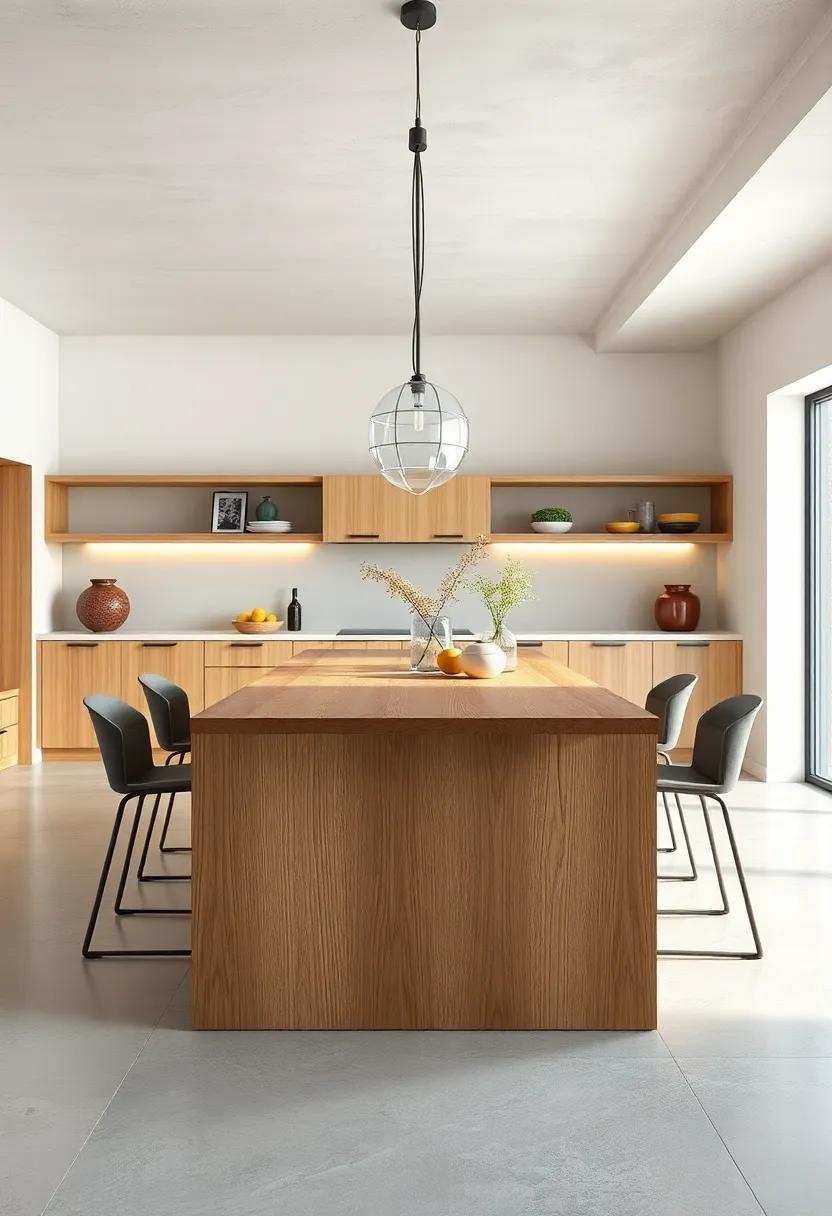 Embrace Minimalism: A sleek, solid oak island with a natural finish serves both as a functional workspace and an elegant ​dining area for a clean and‍ airy kitchen