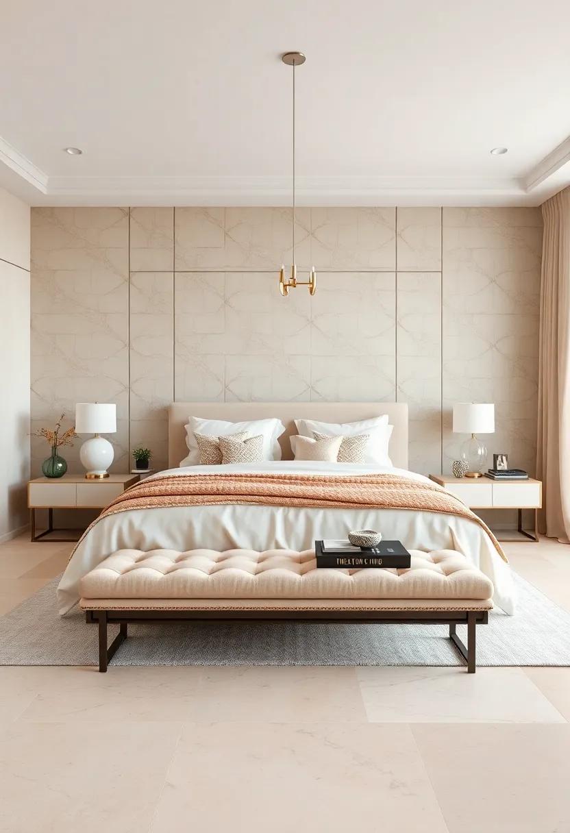 Upholstered benches: Place an elegant beige or ivory upholstered bench at the foot of your bed for both style and⁢ extra seating