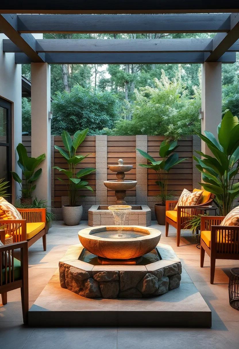 Embrace Nature: Incorporate a natural stone fountain surrounded by lush greenery for a serene patio atmosphere