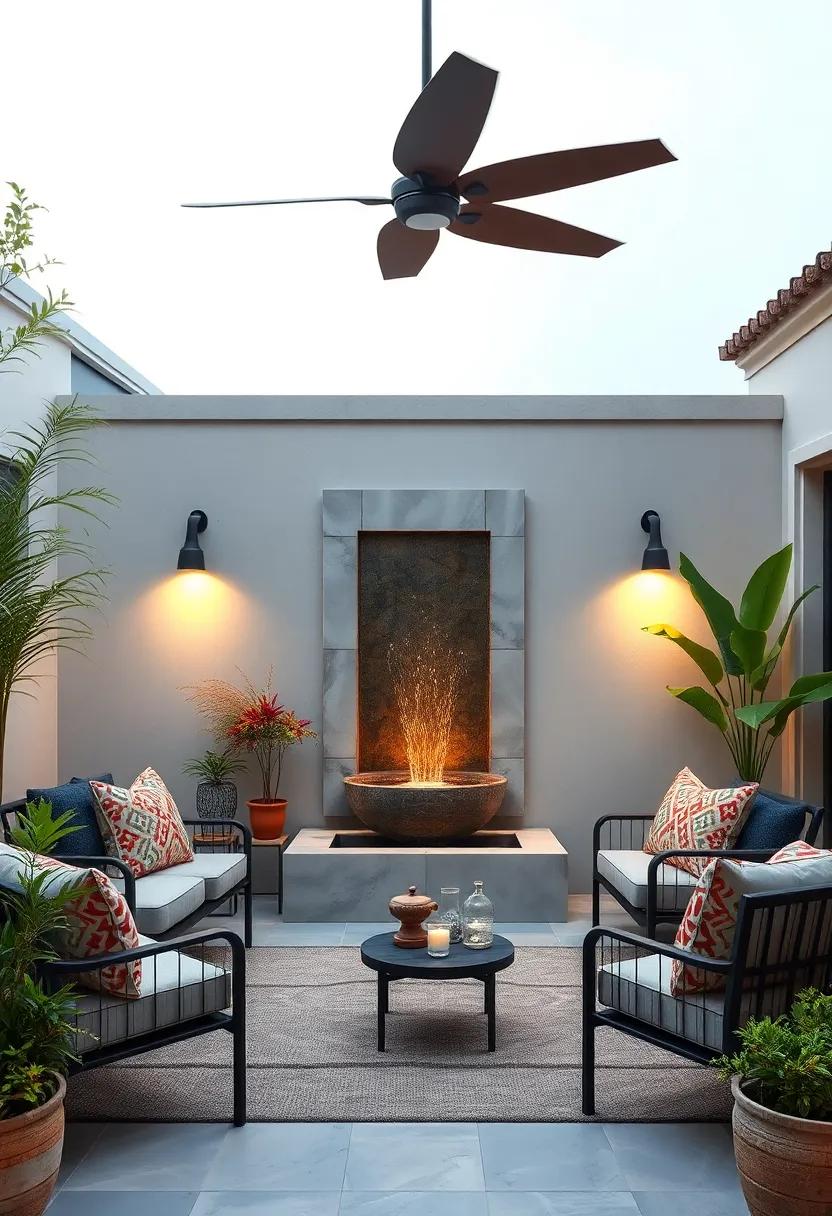 fountain as Artwork: Utilize a wall-mounted fountain that stands out as a functional piece of art, elevating your patio design