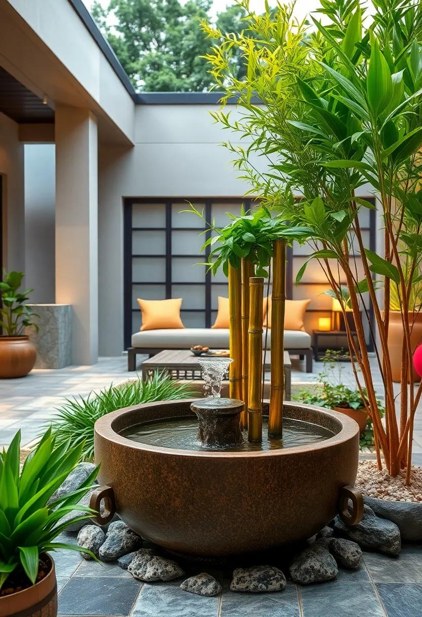 Japanese Inspiration: Create a tranquil Japanese bamboo fountain that encourages a peaceful ambiance through gentle water sounds