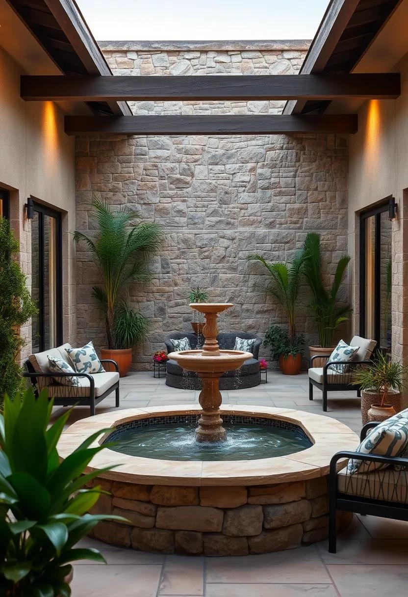 Rustic Stone Walls: Frame a fountain with rustic stone walls to cultivate an earthy aesthetic that blends with nature seamlessly