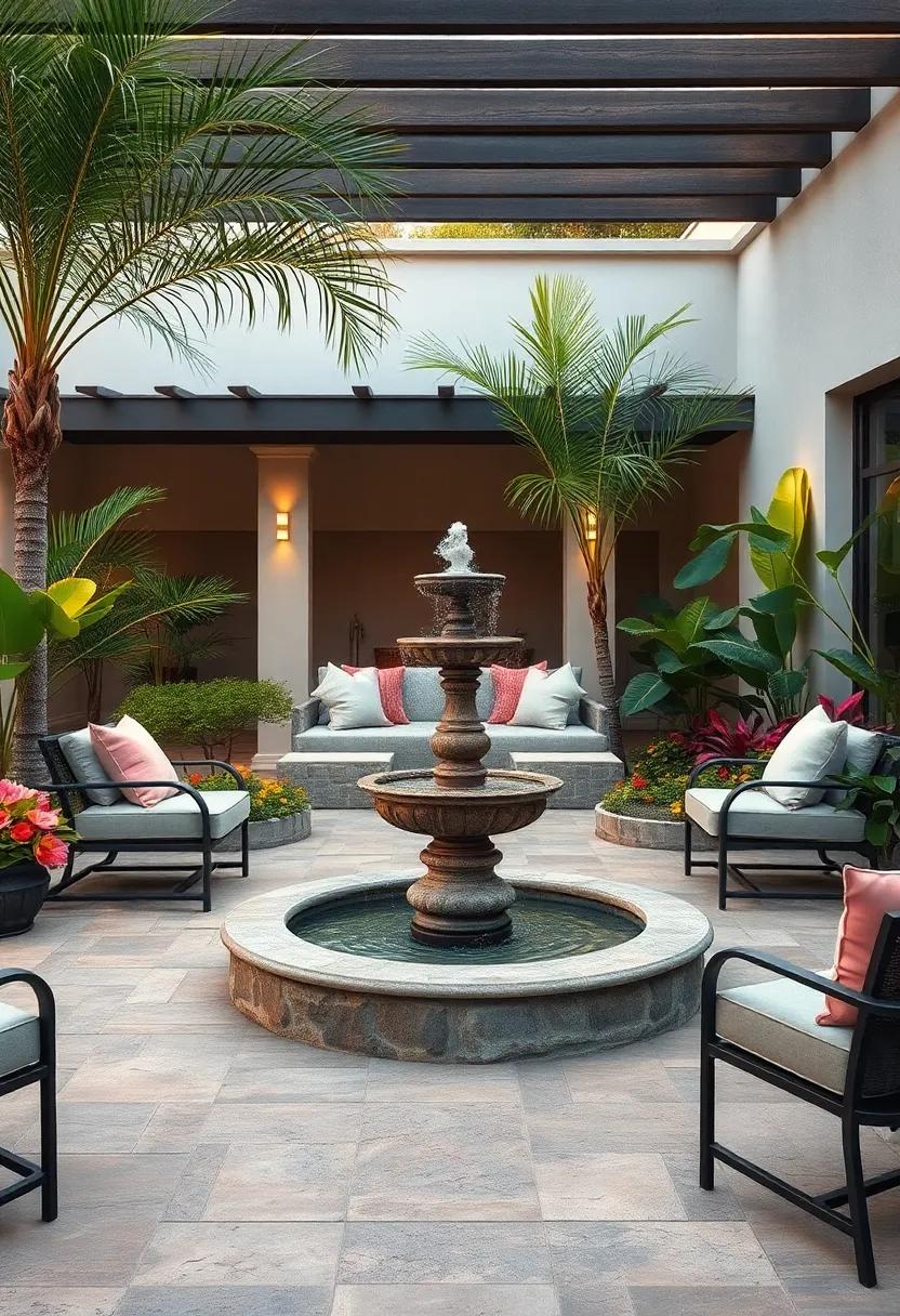 Tropical‌ Touch: Add a fountain surrounded by palm trees and vibrant flowers to evoke a tropical paradise on ⁤your patio
