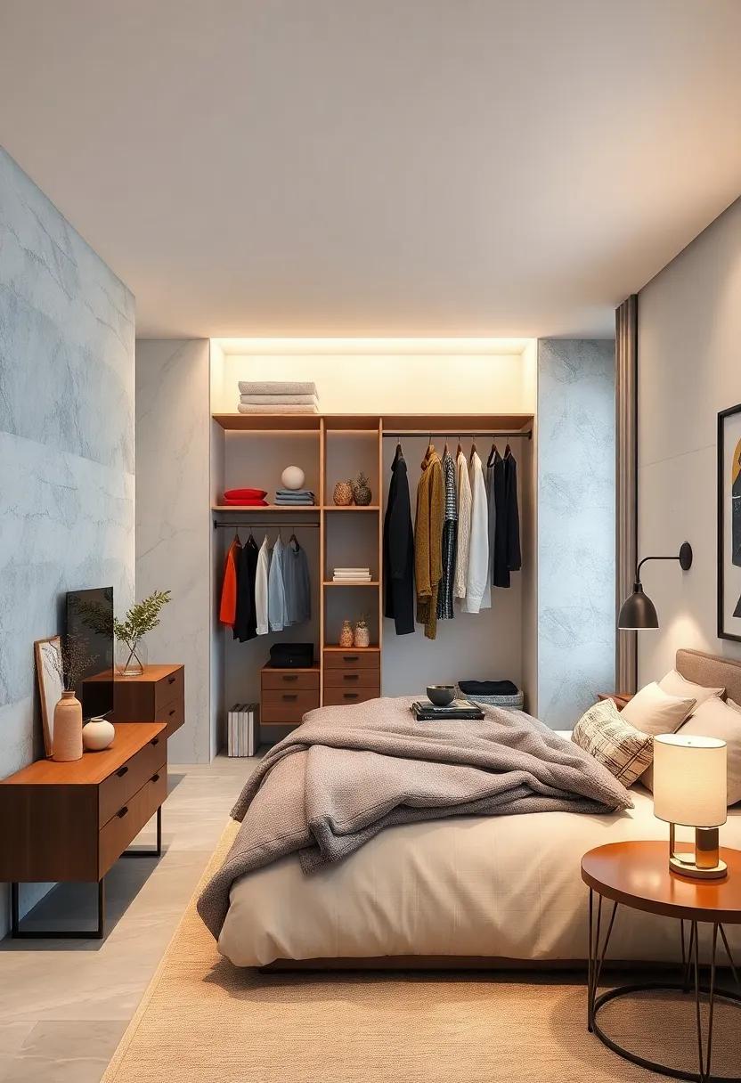 opt for a tiered hanging system that maximizes height and reduces clutter, allowing you to display more clothing without taking up additional space