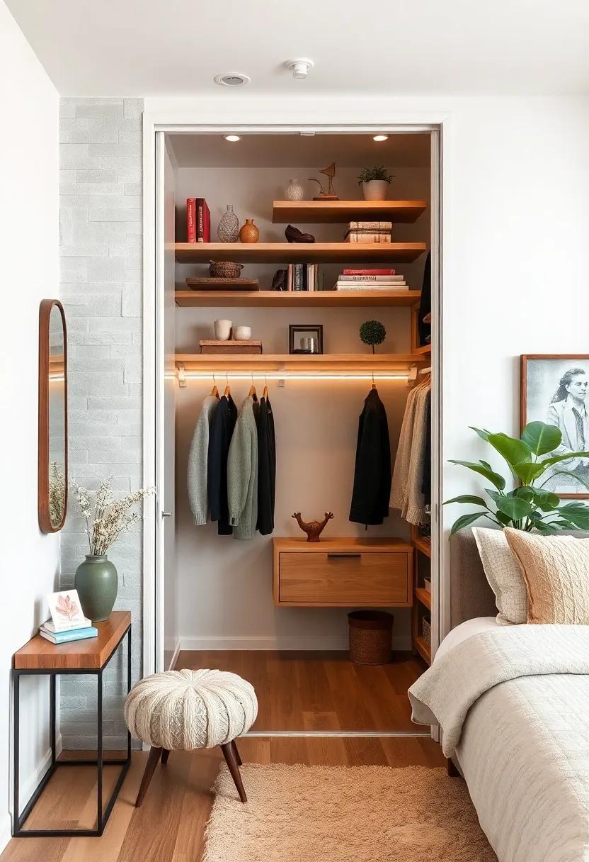 Incorporate floating shelves above your open closet to store accessories, books, or decorative items, turning functionality into art