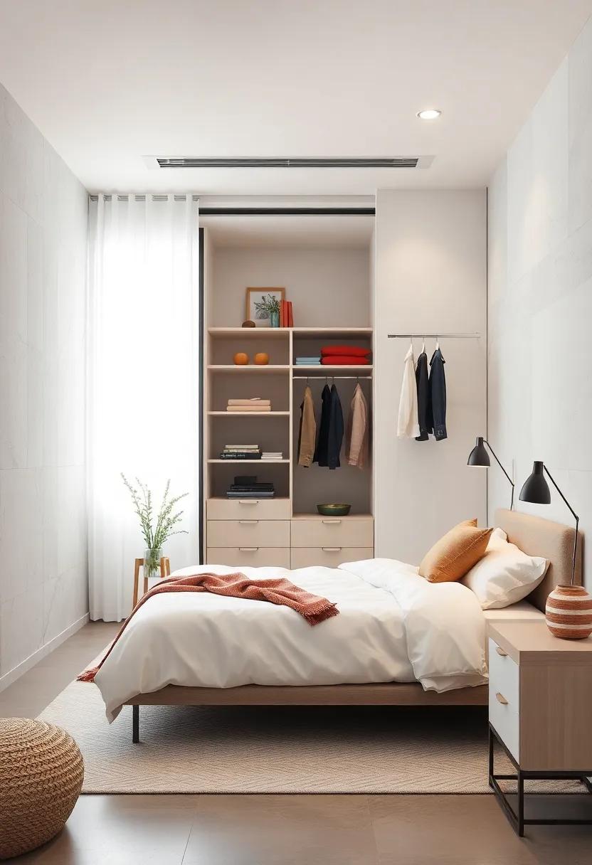 Choose minimalistic furniture pieces, such as a slender bed frame, to keep the room feeling spacious while highlighting your open closet design